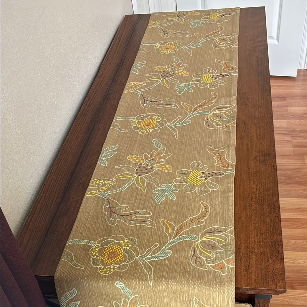 CRATE & BARREL Taupe Lillian Runner 14x60 Embroidered Cross Stitch Nature Autumn